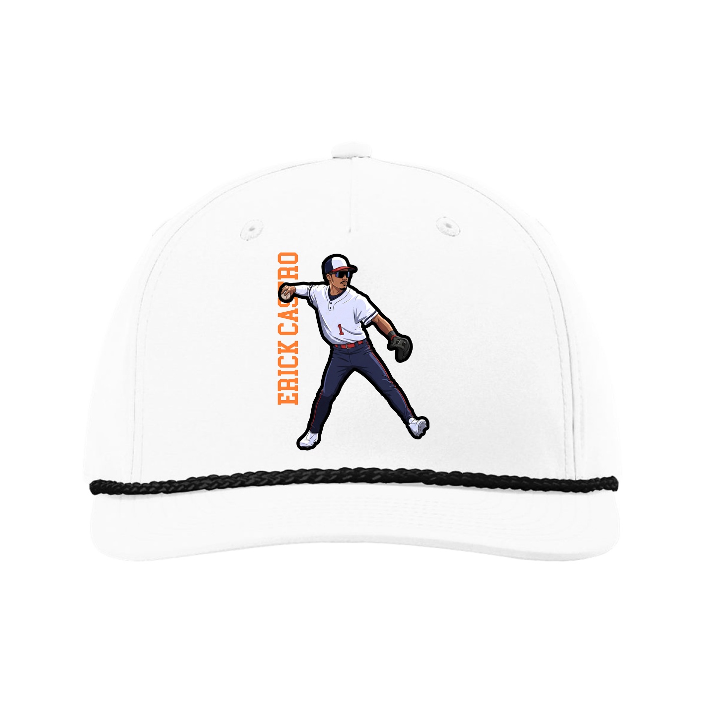 Five-Panel Classic Rope Cap — Name Vertical in White