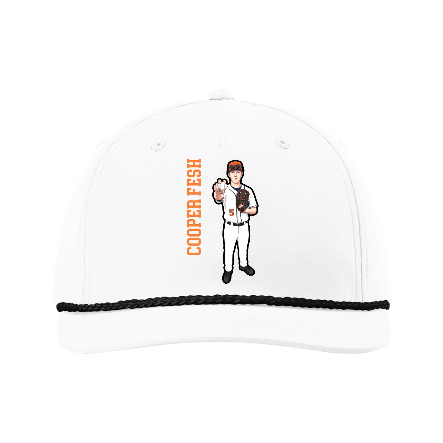 Five-Panel Classic Rope Cap — Name Vertical in White