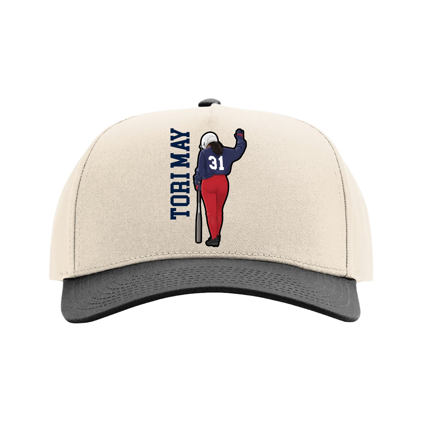 Full Fabric Five-Panel Champ Cap — Name Vertical in Cream/Black