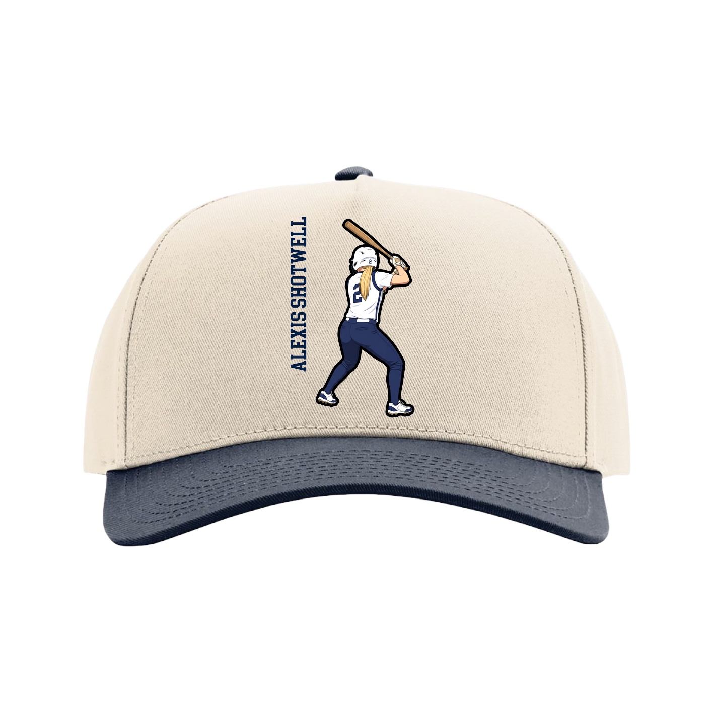 Full Fabric Five-Panel Champ Cap — Name Vertical in Cream/Navy
