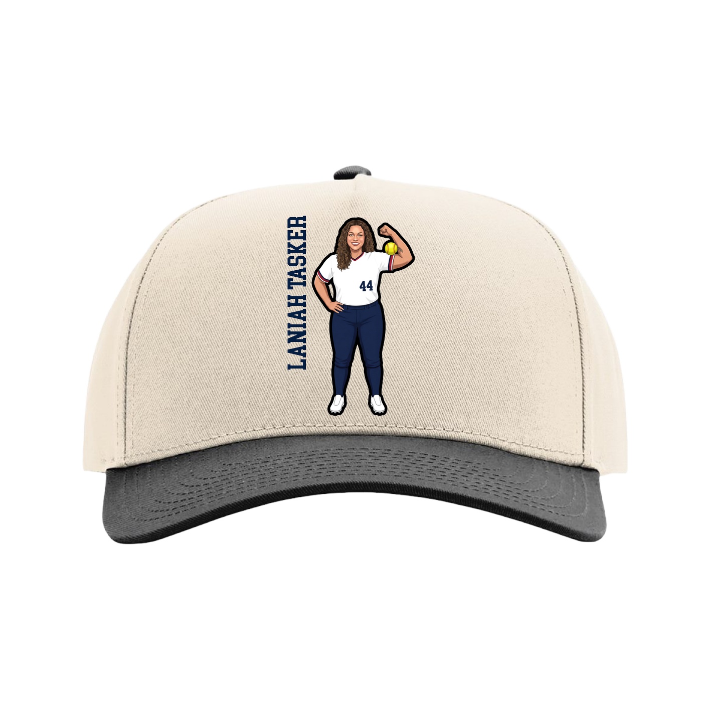 Full Fabric Five-Panel Champ Cap — Name Vertical in Cream/Black