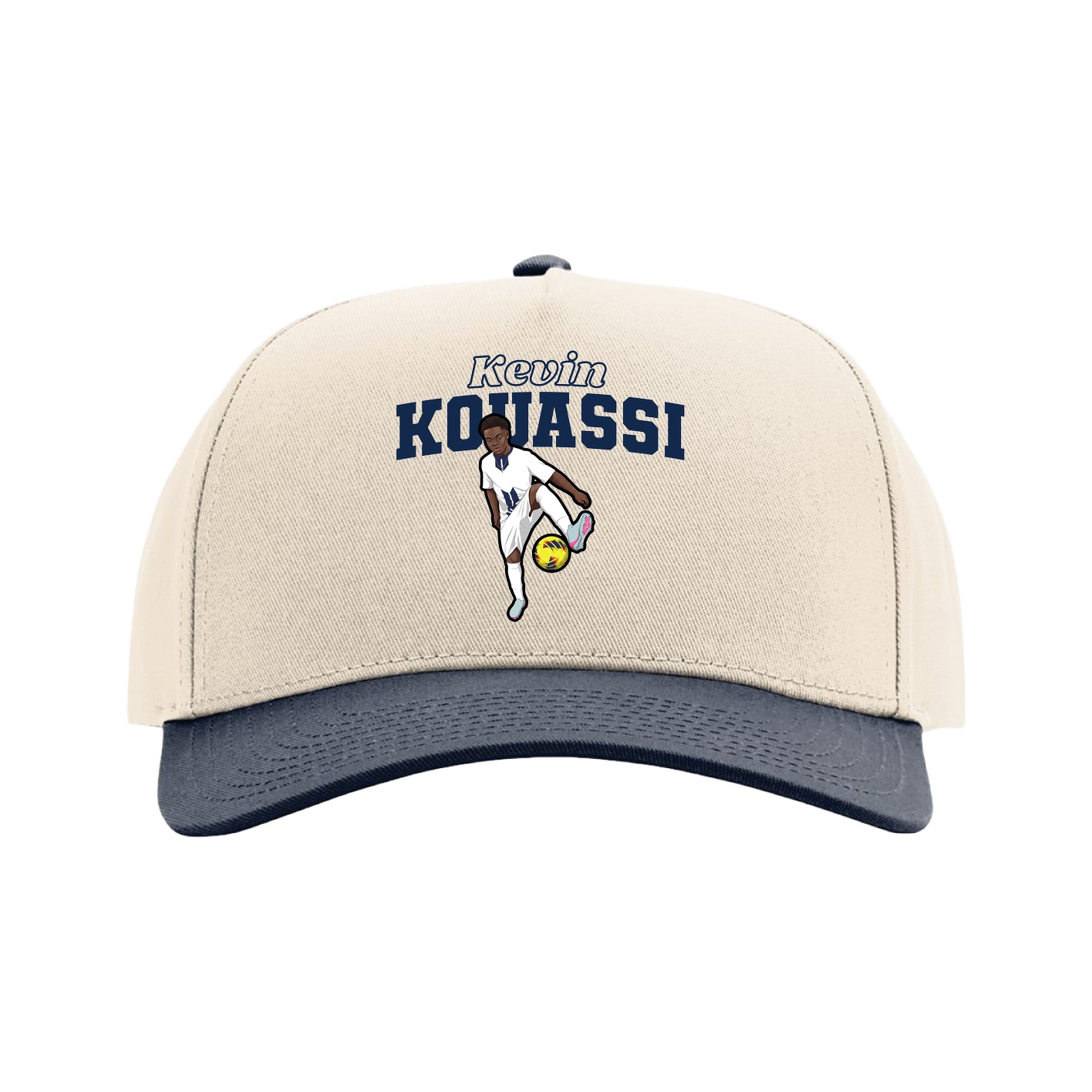 Full Fabric Five-Panel Champ Cap — Name Arch in Cream/Navy