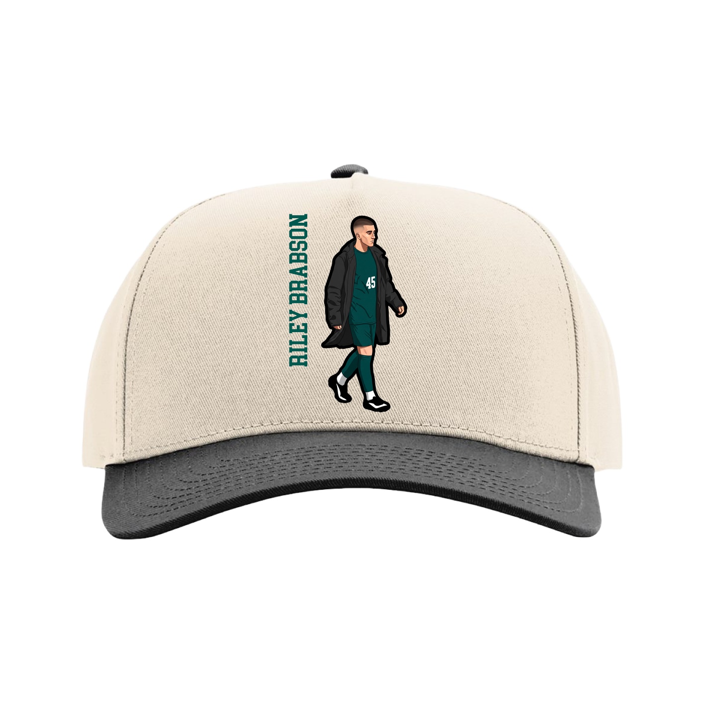 Full Fabric Five-Panel Champ Cap — Name Vertical in Cream/Black