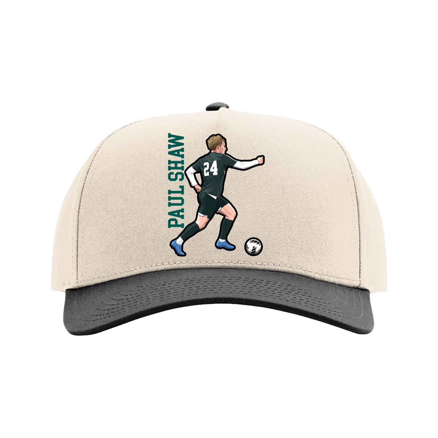 Full Fabric Five-Panel Champ Cap — Name Vertical in Cream/Black