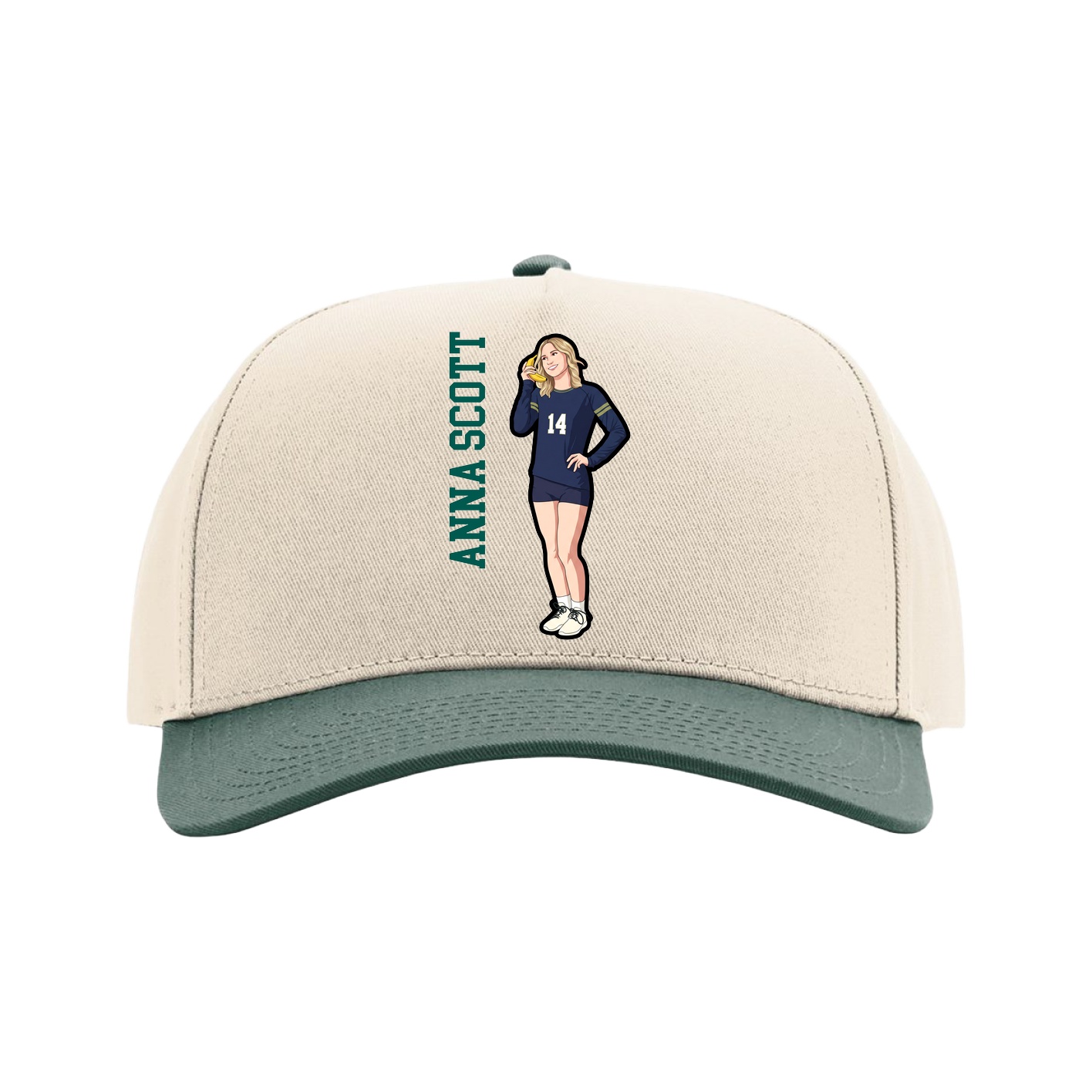 Full Fabric Five-Panel Champ Cap — Name Vertical in Cream/Green
