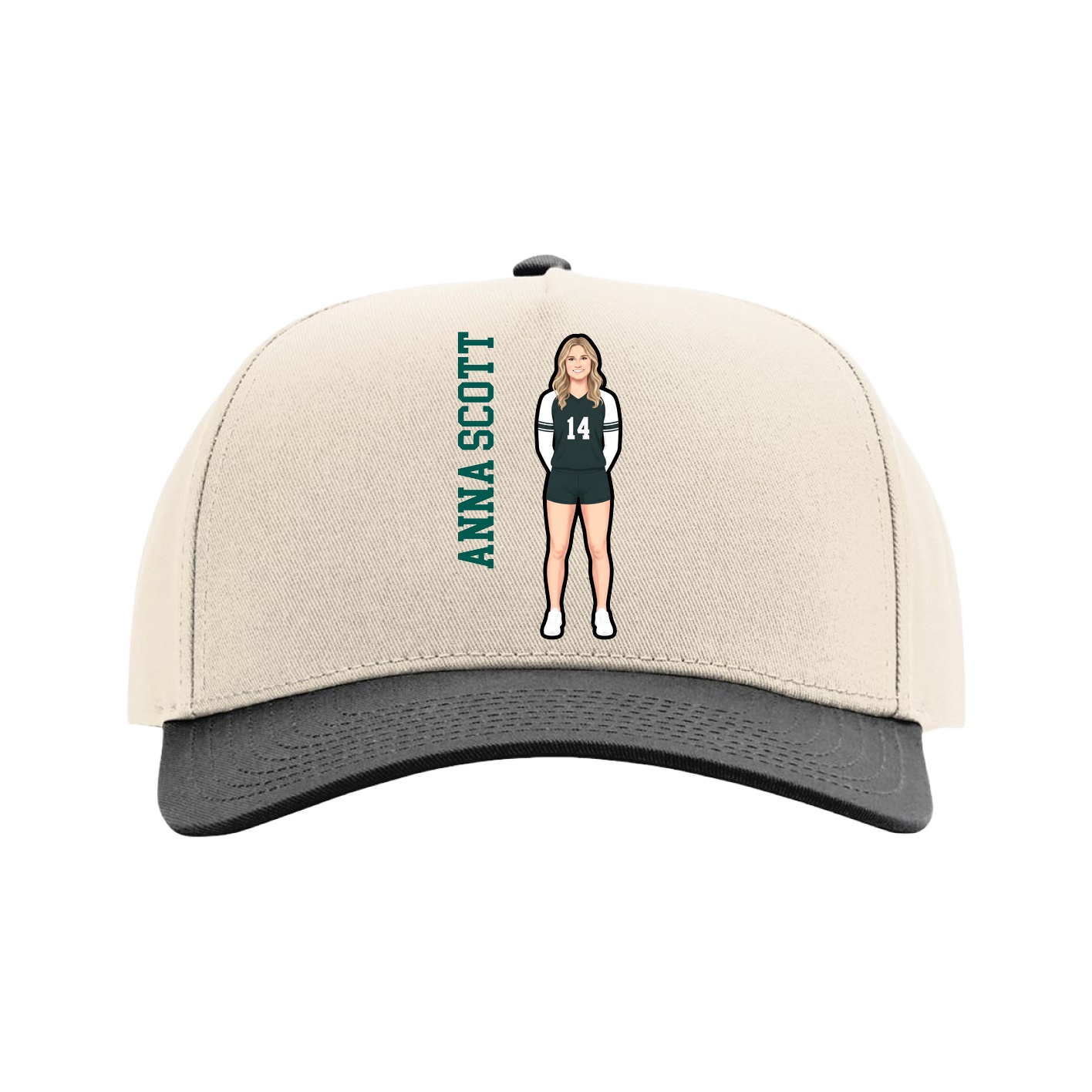 Full Fabric Five-Panel Champ Cap — Name Vertical in Cream/Black