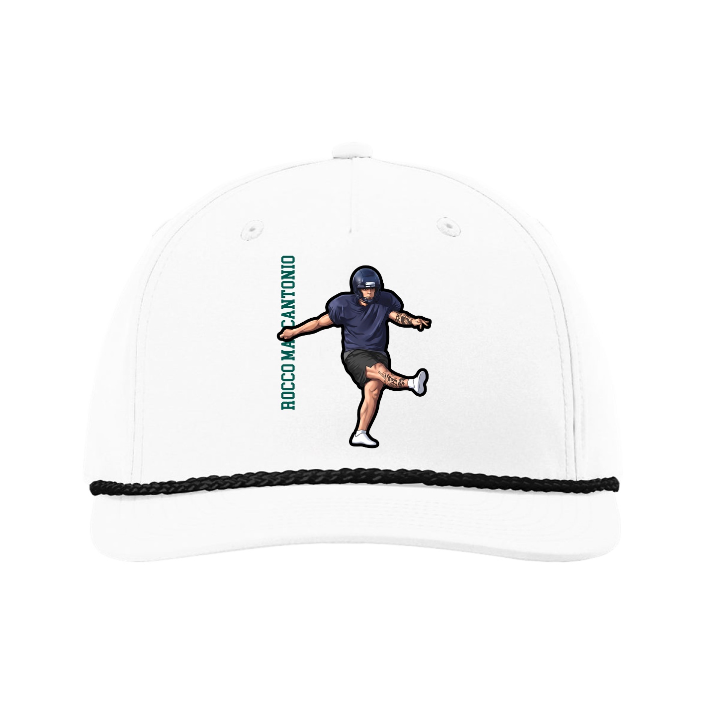 Five-Panel Classic Rope Cap — Name Vertical in White