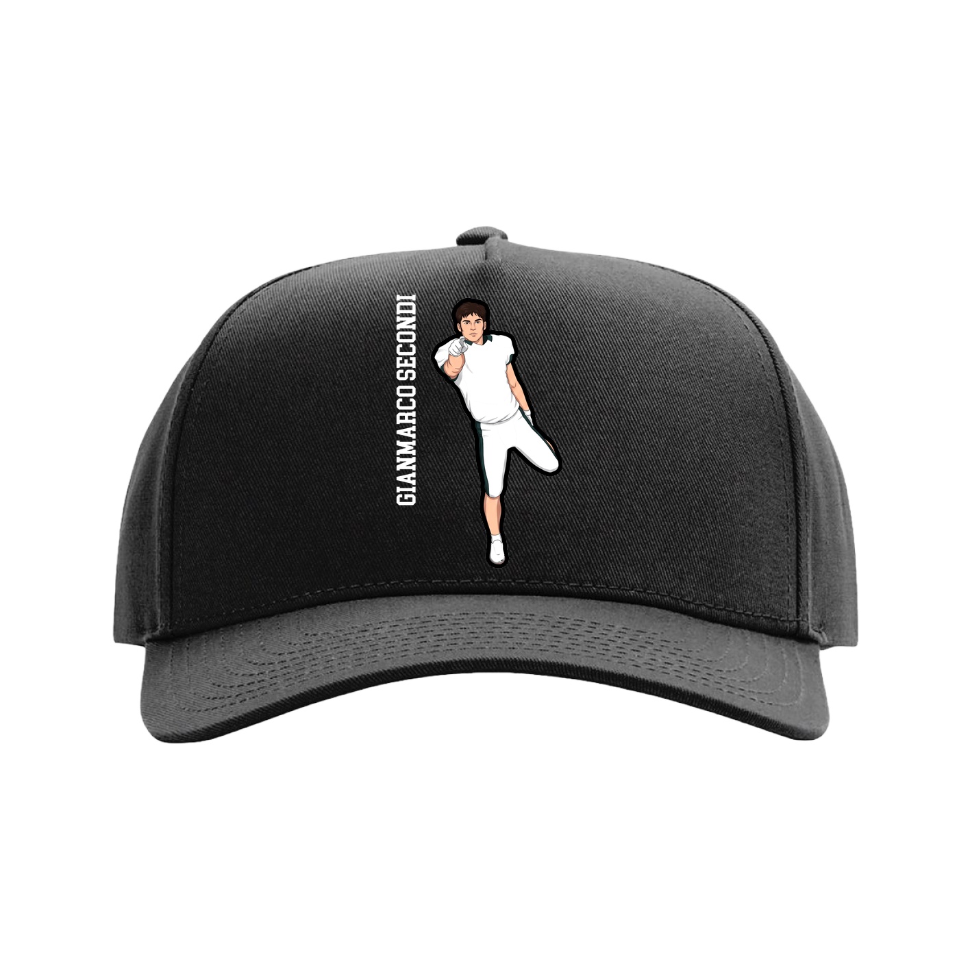 Full Fabric Five-Panel Champ Cap — Name Vertical in Black