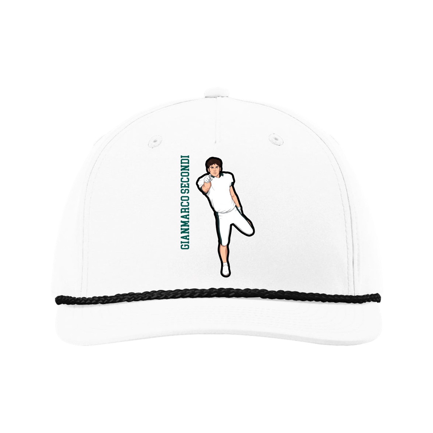 Five-Panel Classic Rope Cap — Name Vertical in White