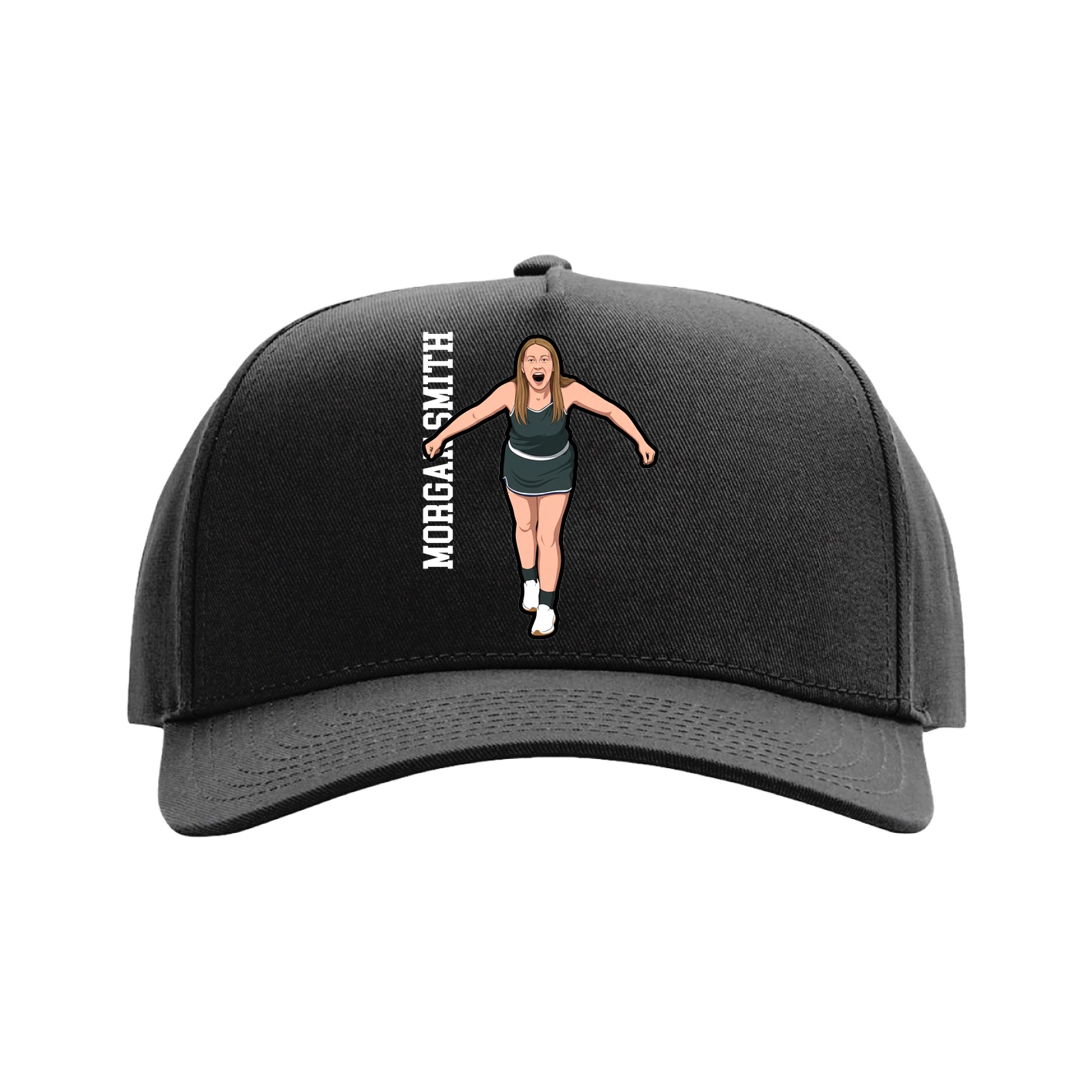 Full Fabric Five-Panel Champ Cap — Name Vertical in Black