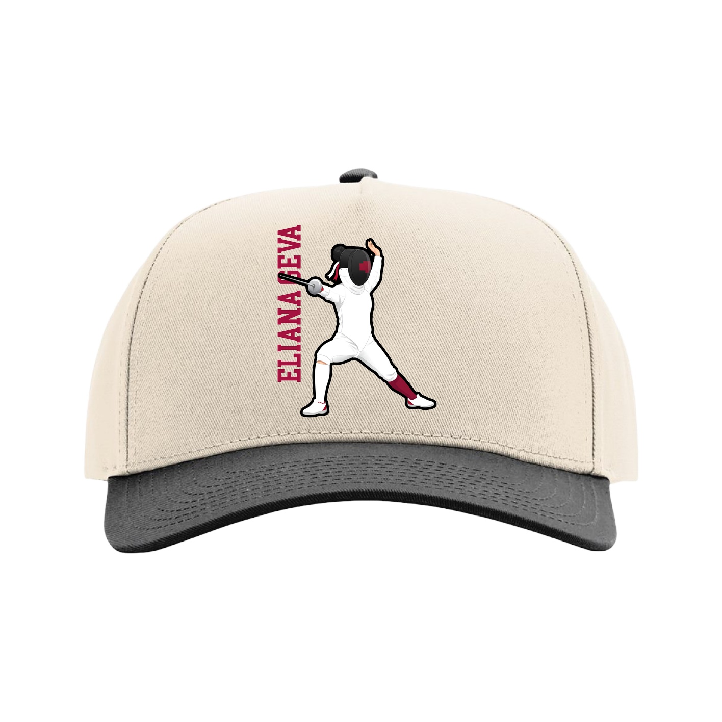 Full Fabric Five-Panel Champ Cap — Name Vertical in Cream/Black