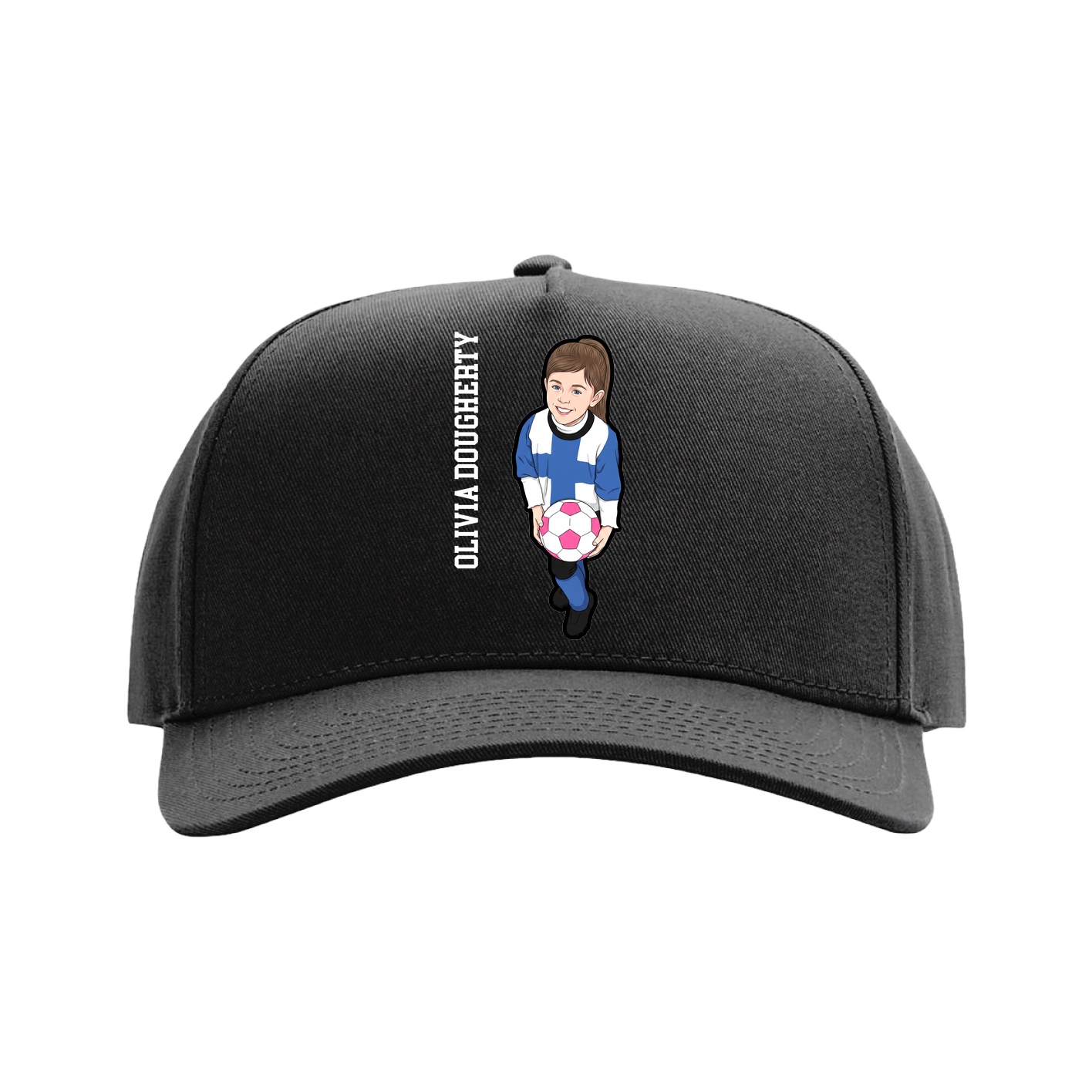 Full Fabric Five-Panel Champ Cap — Name Vertical in Black