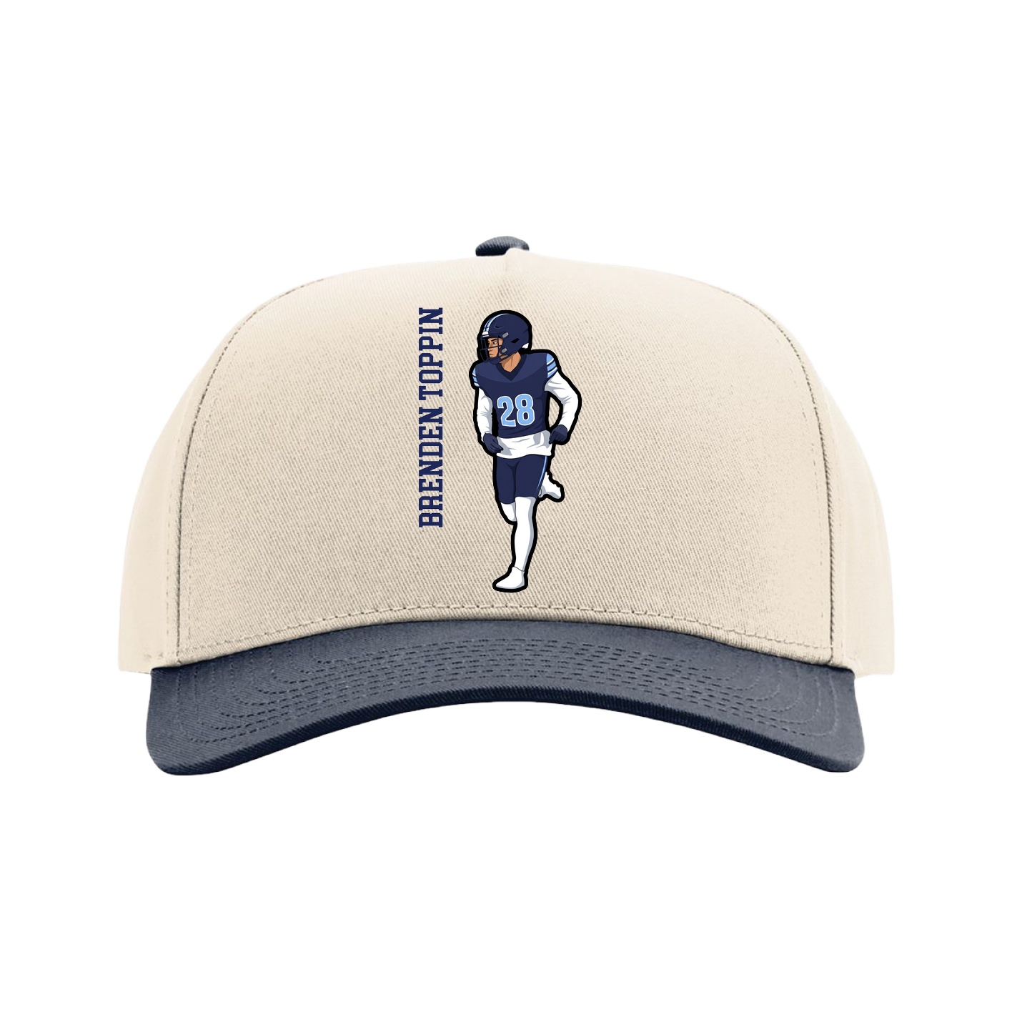 Full Fabric Five-Panel Champ Cap — Name Vertical in Cream/Navy