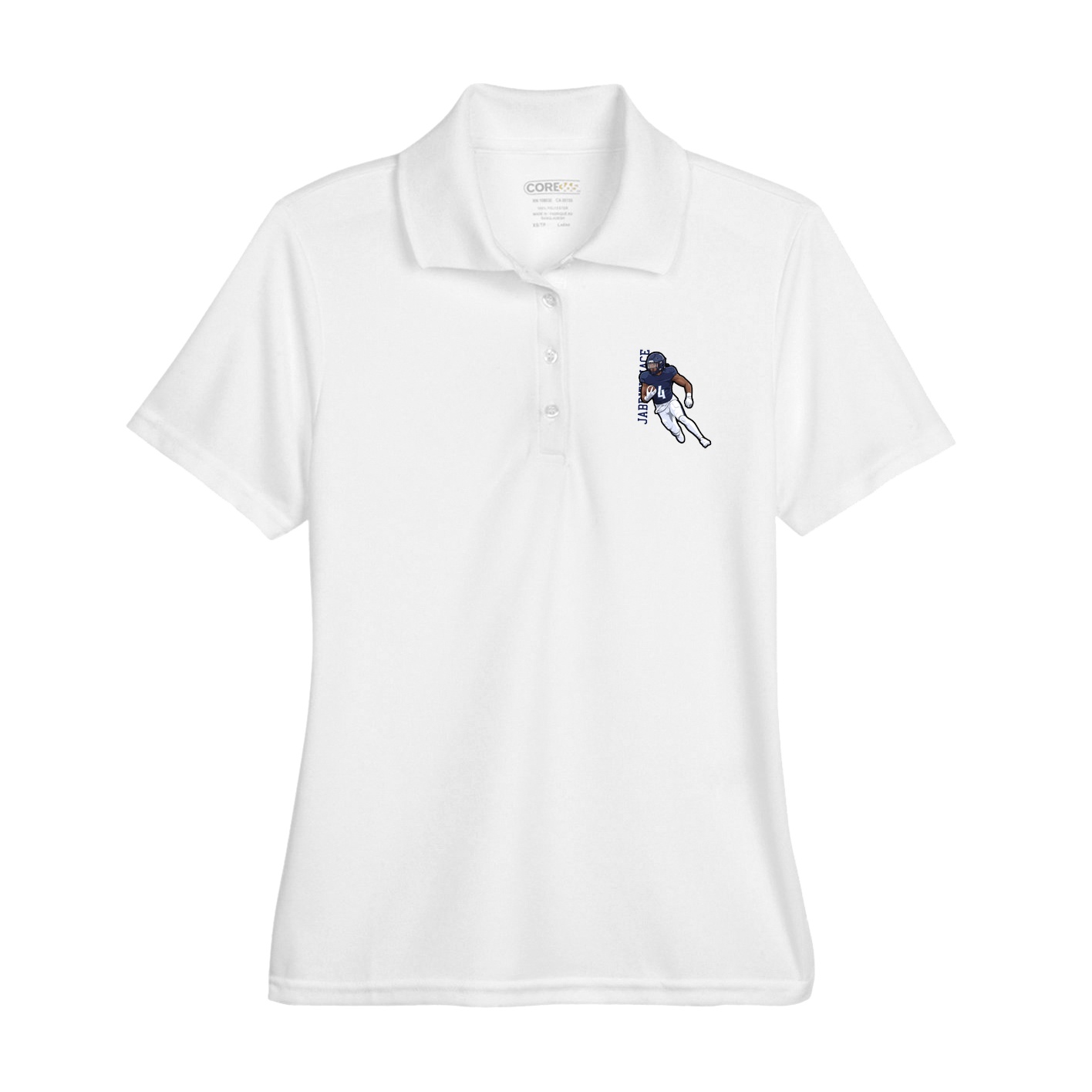 Womens Performance Polo — Name Vertical in White