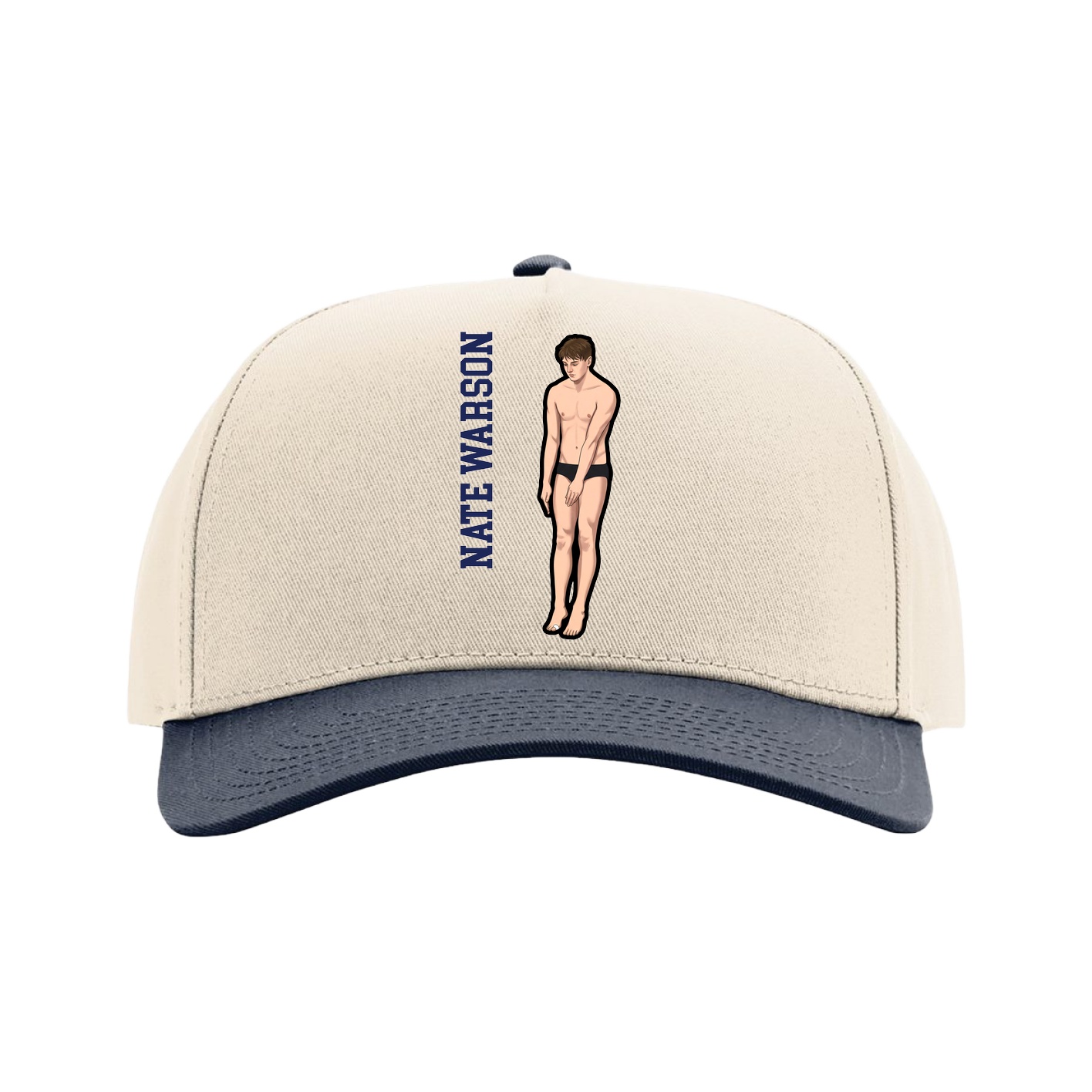 Full Fabric Five-Panel Champ Cap — Name Vertical in Cream/Navy