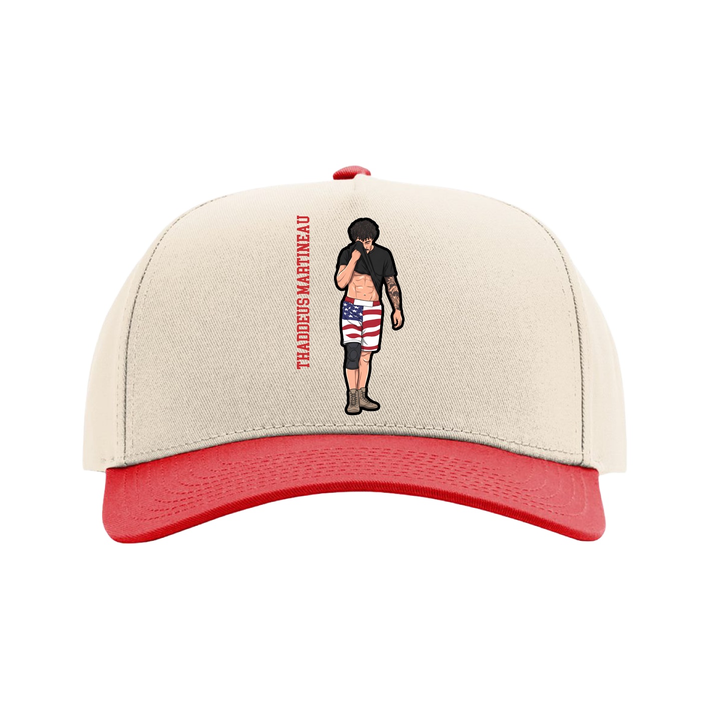 Full Fabric Five-Panel Champ Cap — Name Vertical in Cream/Red