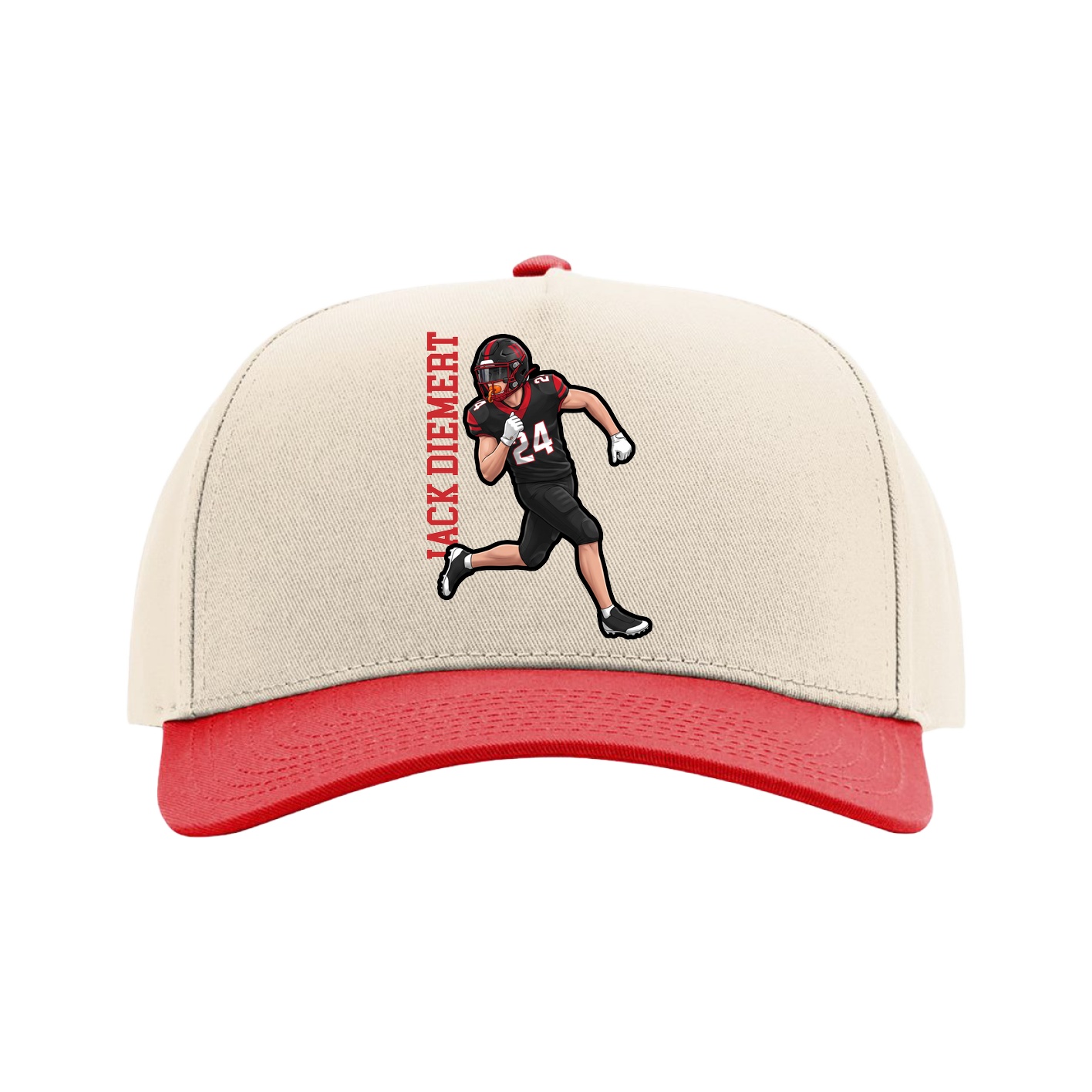 Full Fabric Five-Panel Champ Cap — Name Vertical in Cream/Red