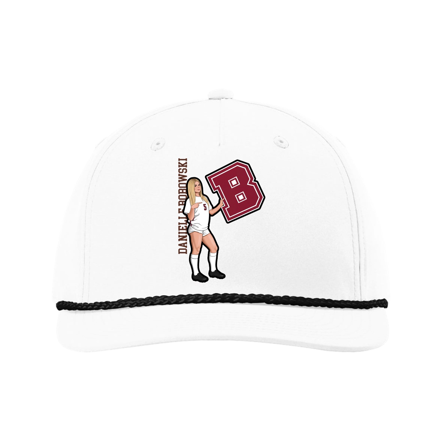 Five-Panel Classic Rope Cap — Name Vertical in White