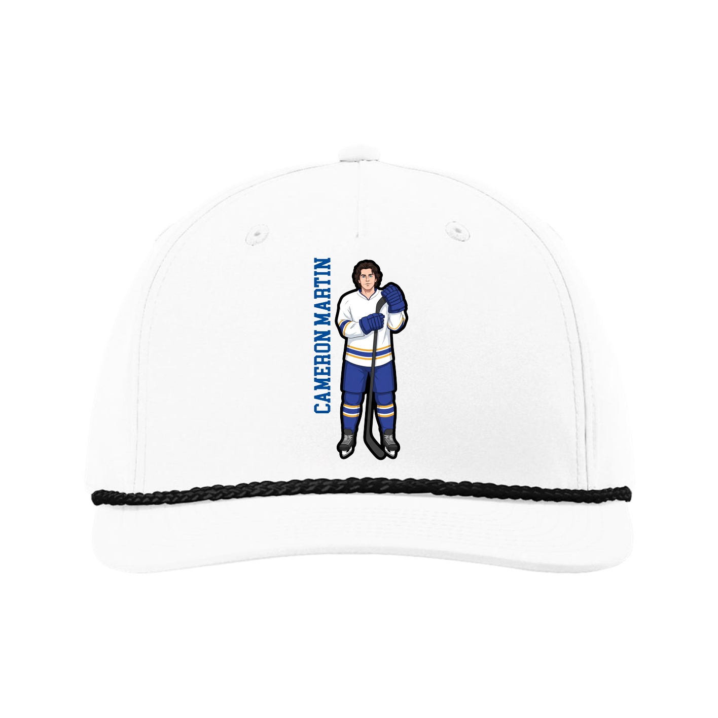 Five-Panel Classic Rope Cap — Name Vertical in White