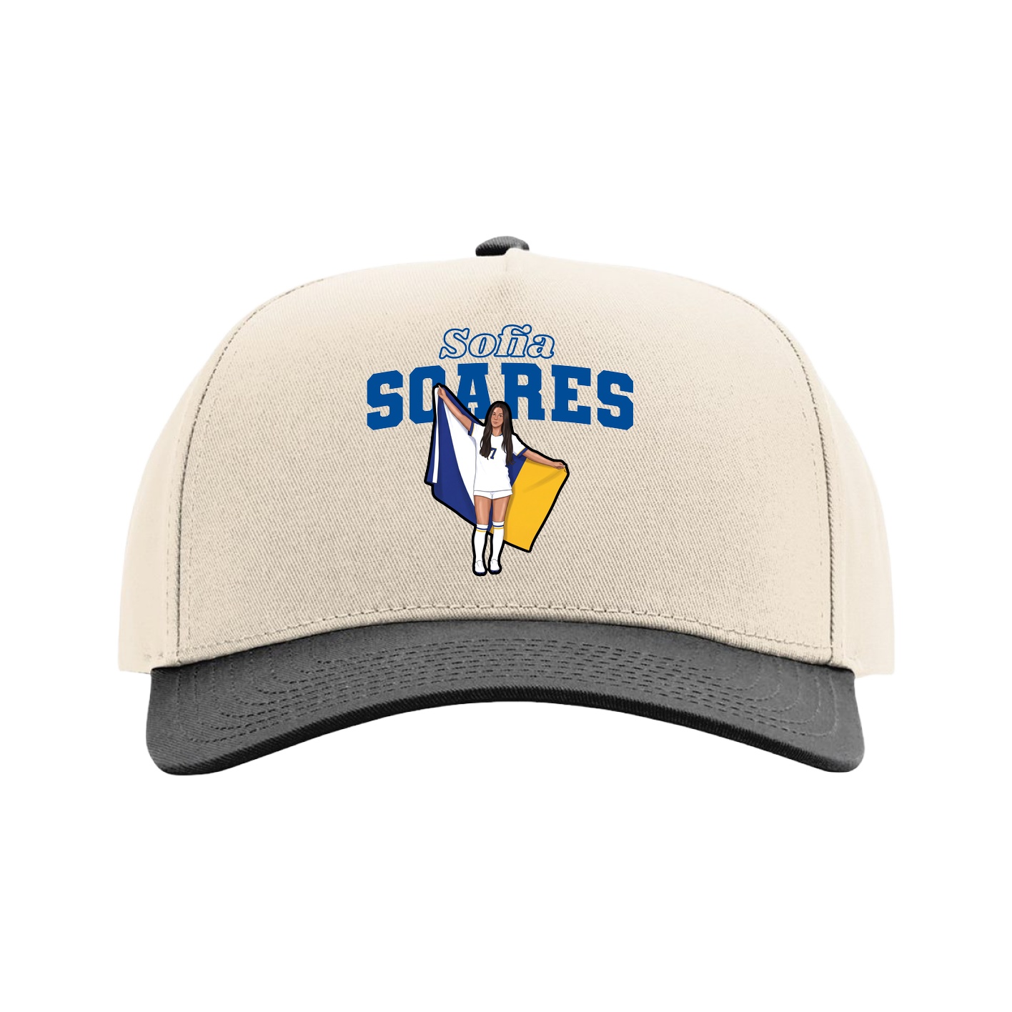 Full Fabric Five-Panel Champ Cap — Name Arch in Cream/Black