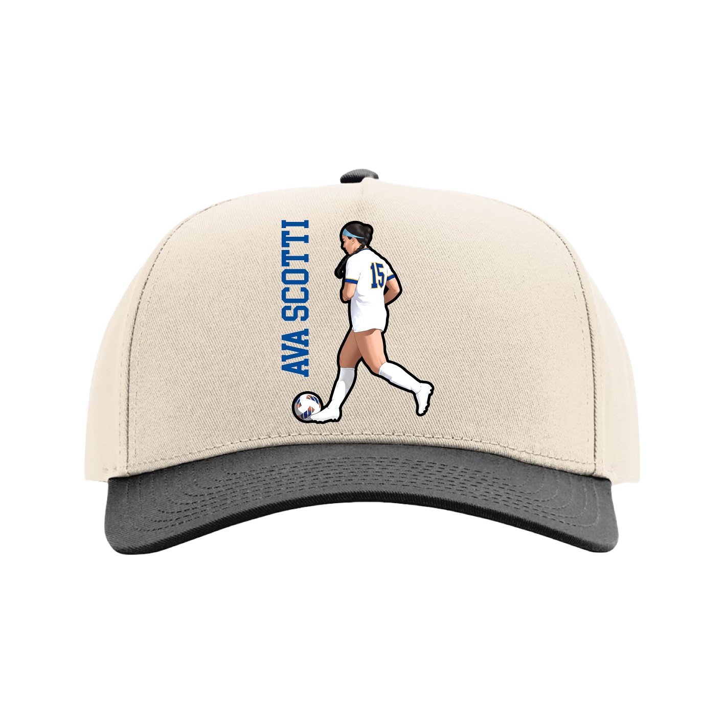 Full Fabric Five-Panel Champ Cap — Name Vertical in Cream/Black
