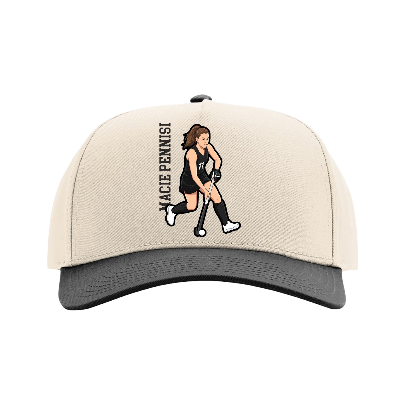 Full Fabric Five-Panel Champ Cap — Name Vertical in Cream/Black