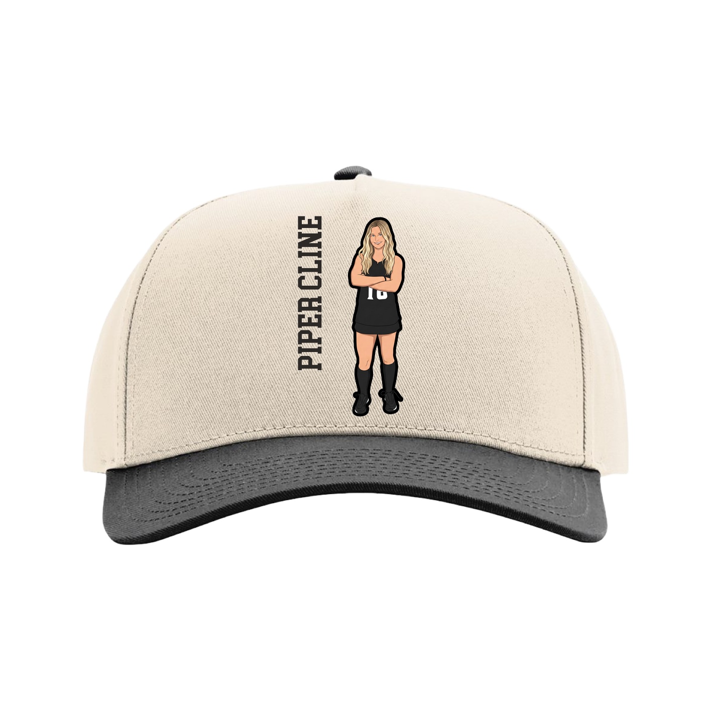 Full Fabric Five-Panel Champ Cap — Name Vertical in Cream/Black