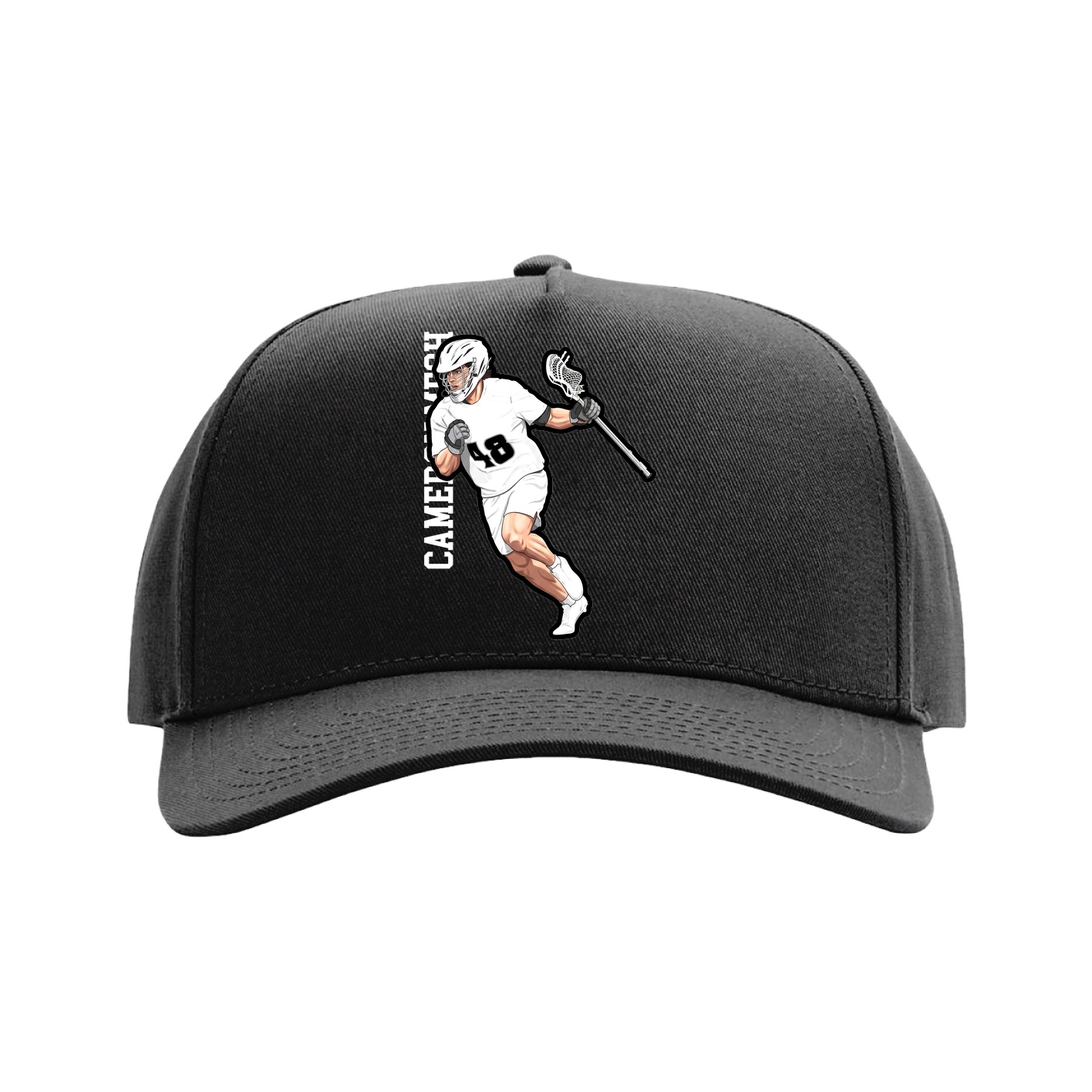 Full Fabric Five-Panel Champ Cap — Name Vertical in Black