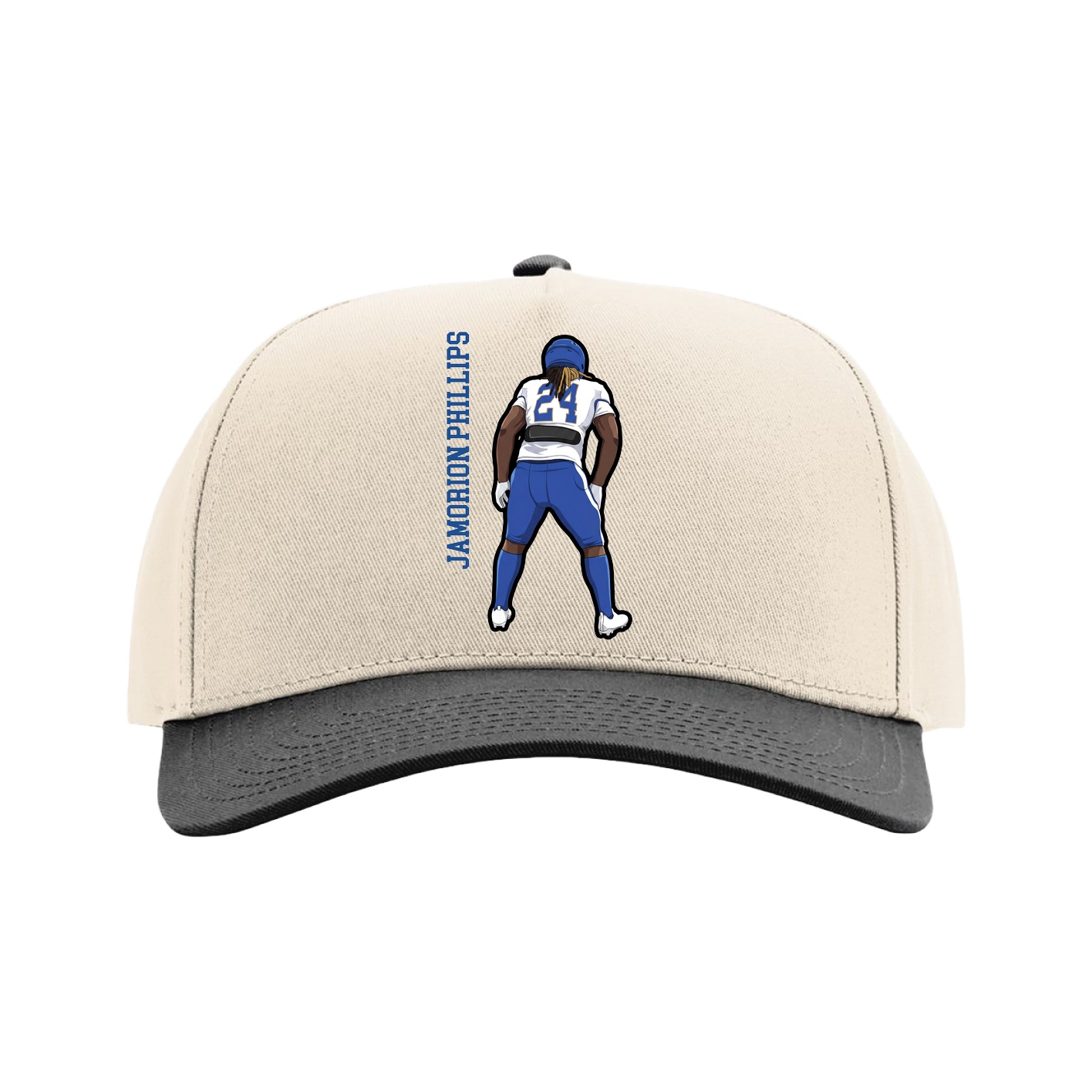 Full Fabric Five-Panel Champ Cap — Name Vertical in Cream/Black
