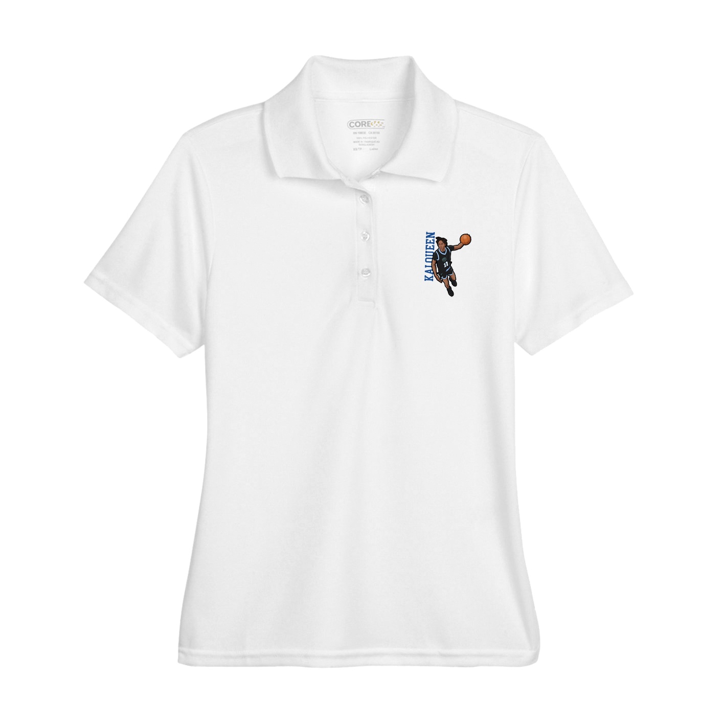 Womens Performance Polo — Name Vertical in White