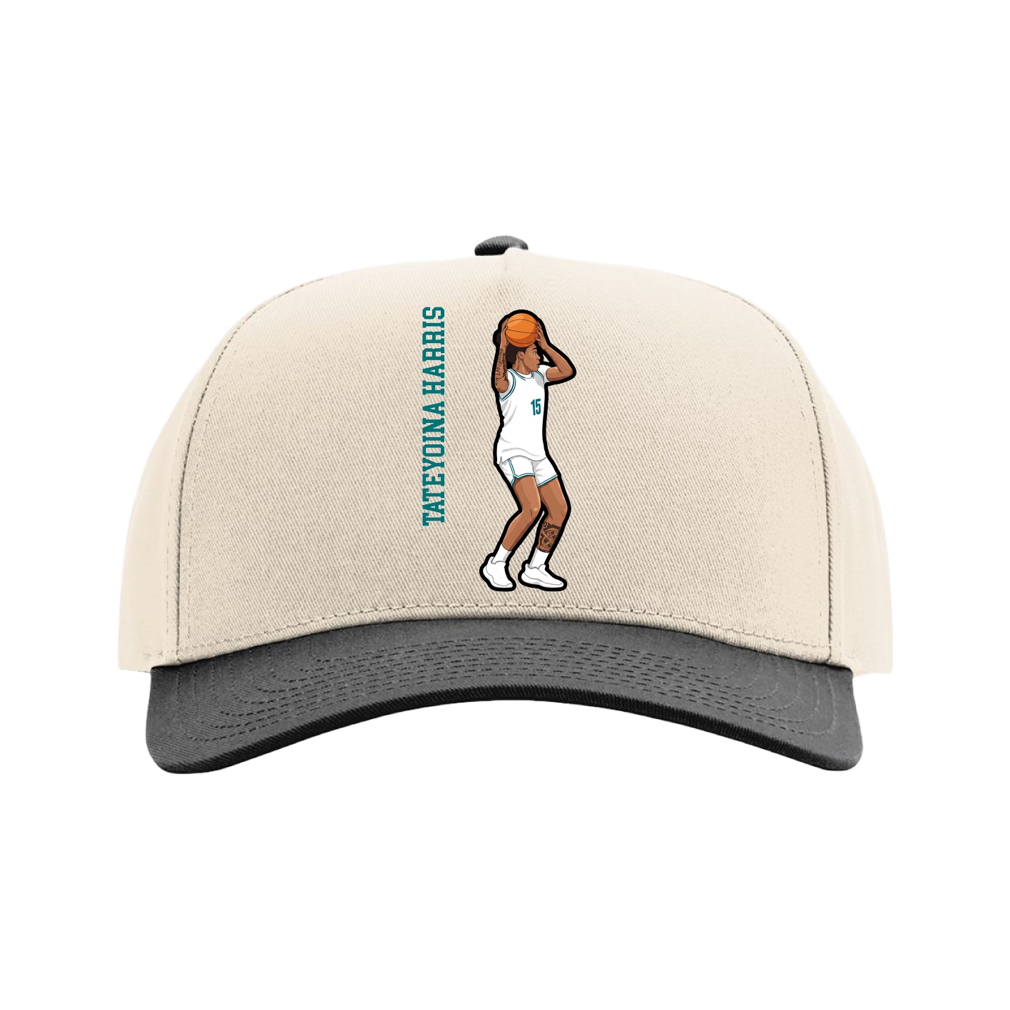 Full Fabric Five-Panel Champ Cap — Name Vertical in Cream/Black