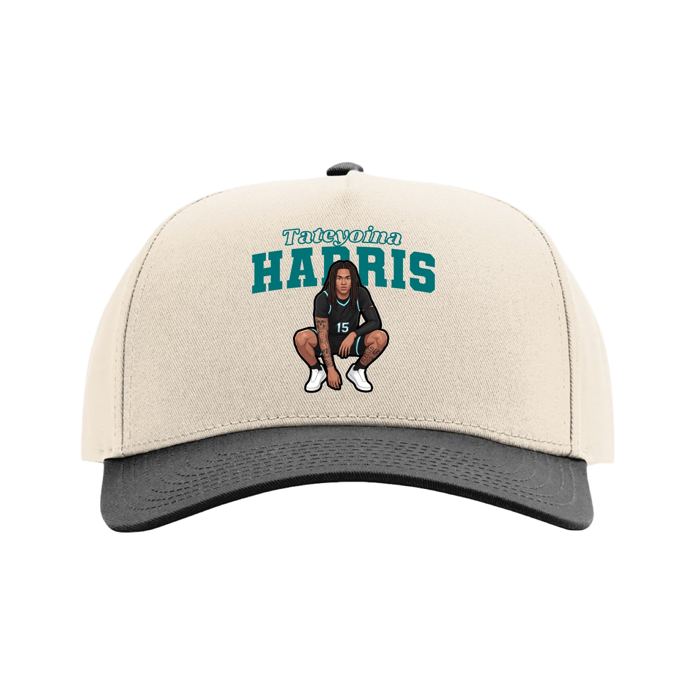Full Fabric Five-Panel Champ Cap — Name Arch in Cream/Black