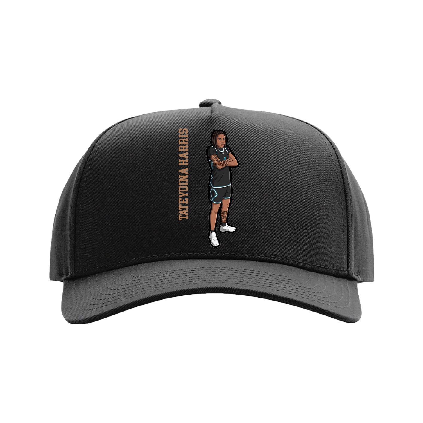 Full Fabric Five-Panel Champ Cap — Name Vertical in Black