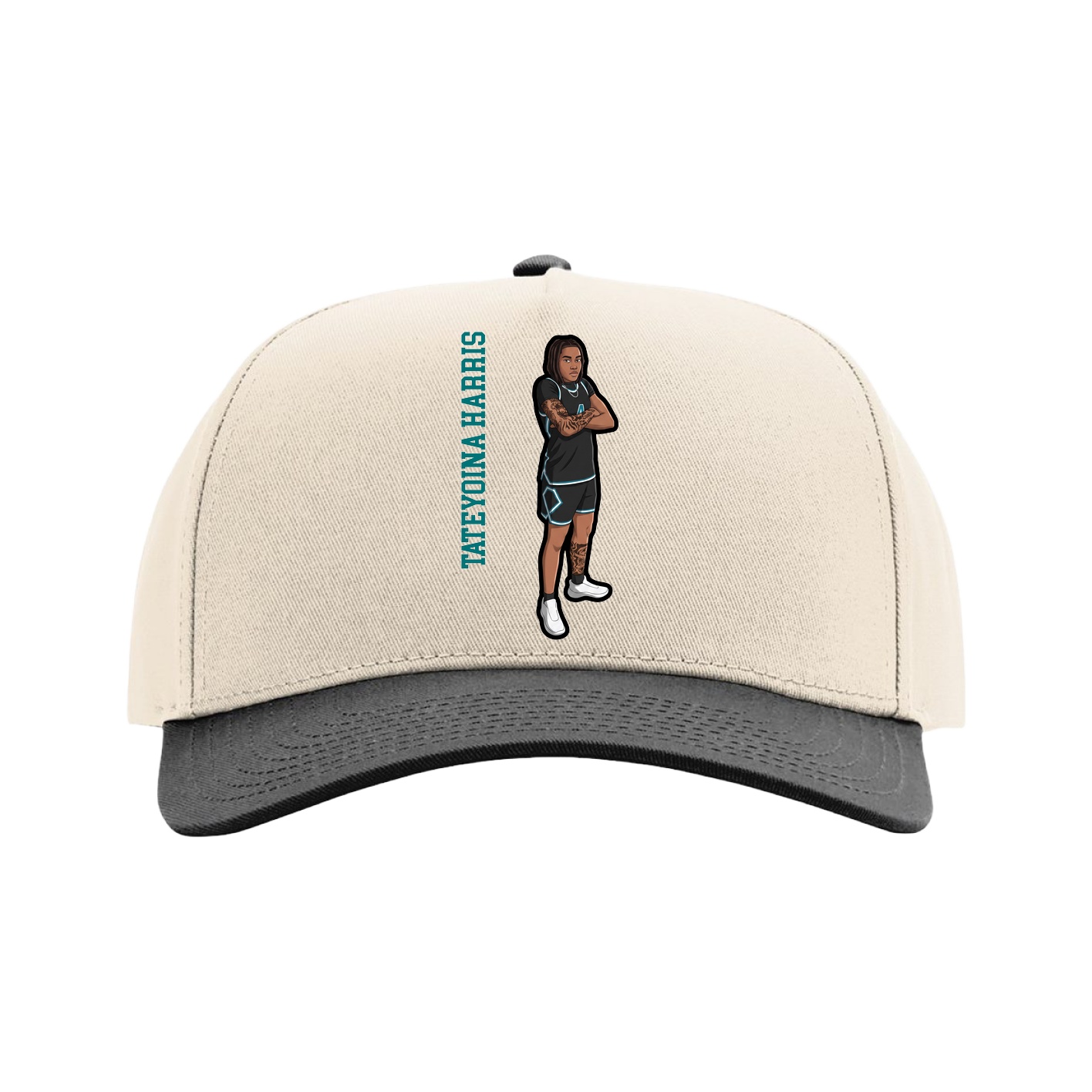 Full Fabric Five-Panel Champ Cap — Name Vertical in Cream/Black