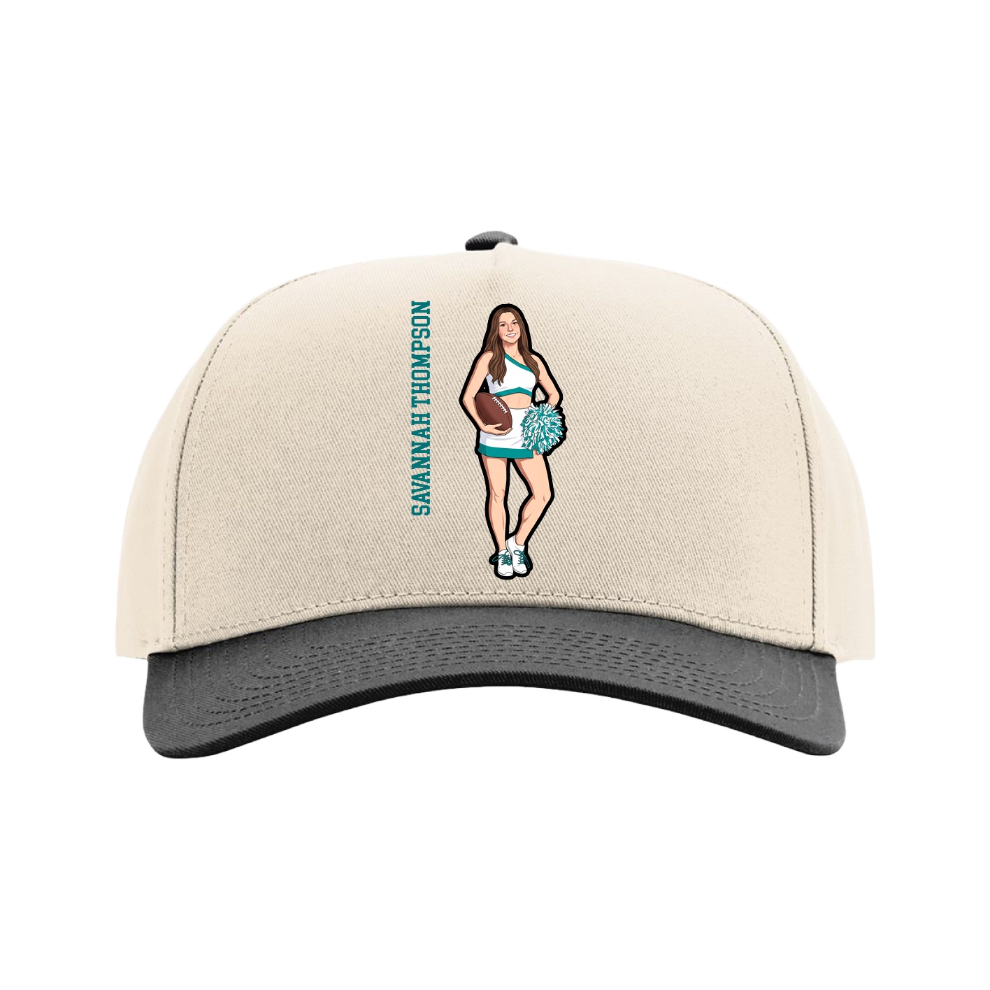 Full Fabric Five-Panel Champ Cap — Name Vertical in Cream/Black