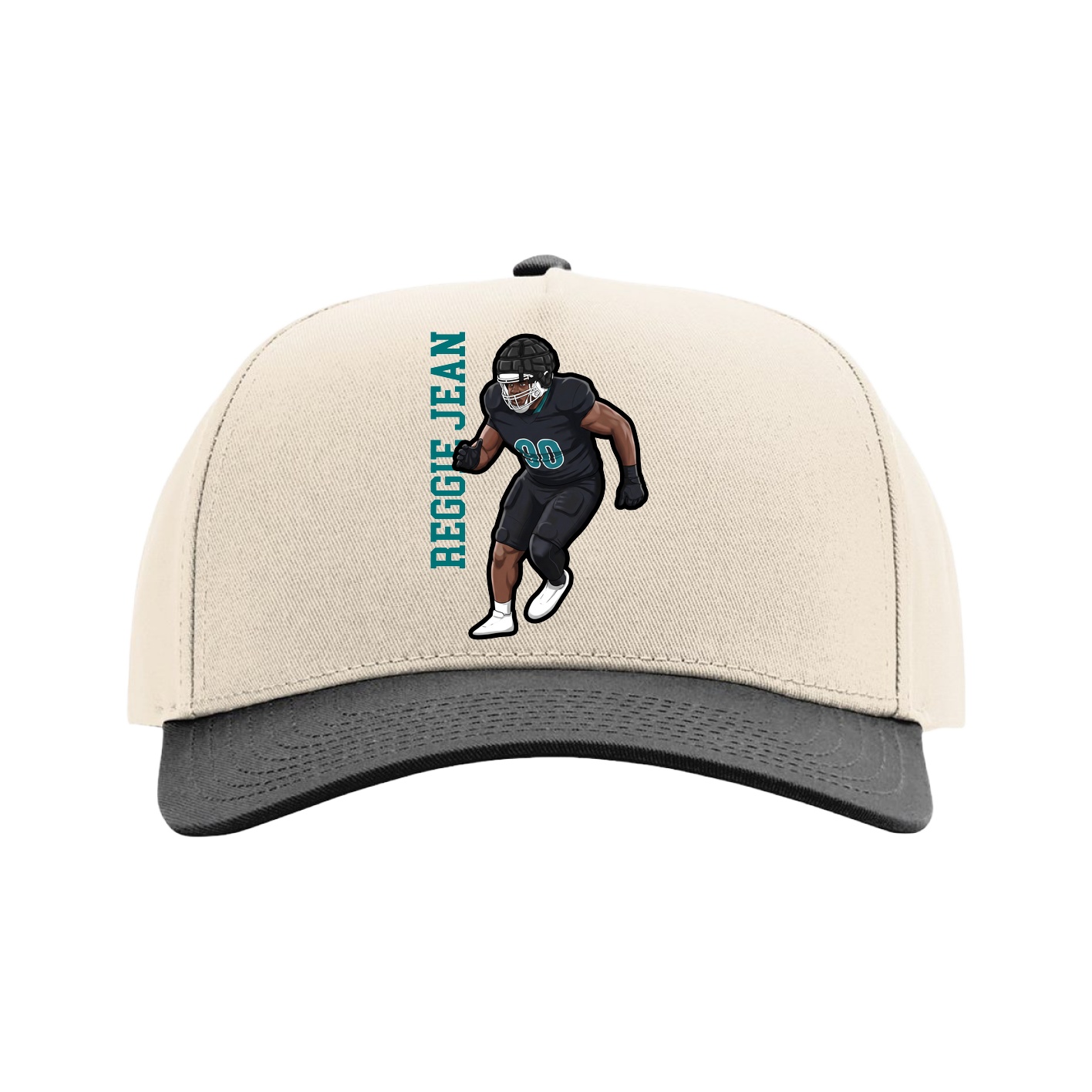 Full Fabric Five-Panel Champ Cap — Name Vertical in Cream/Black