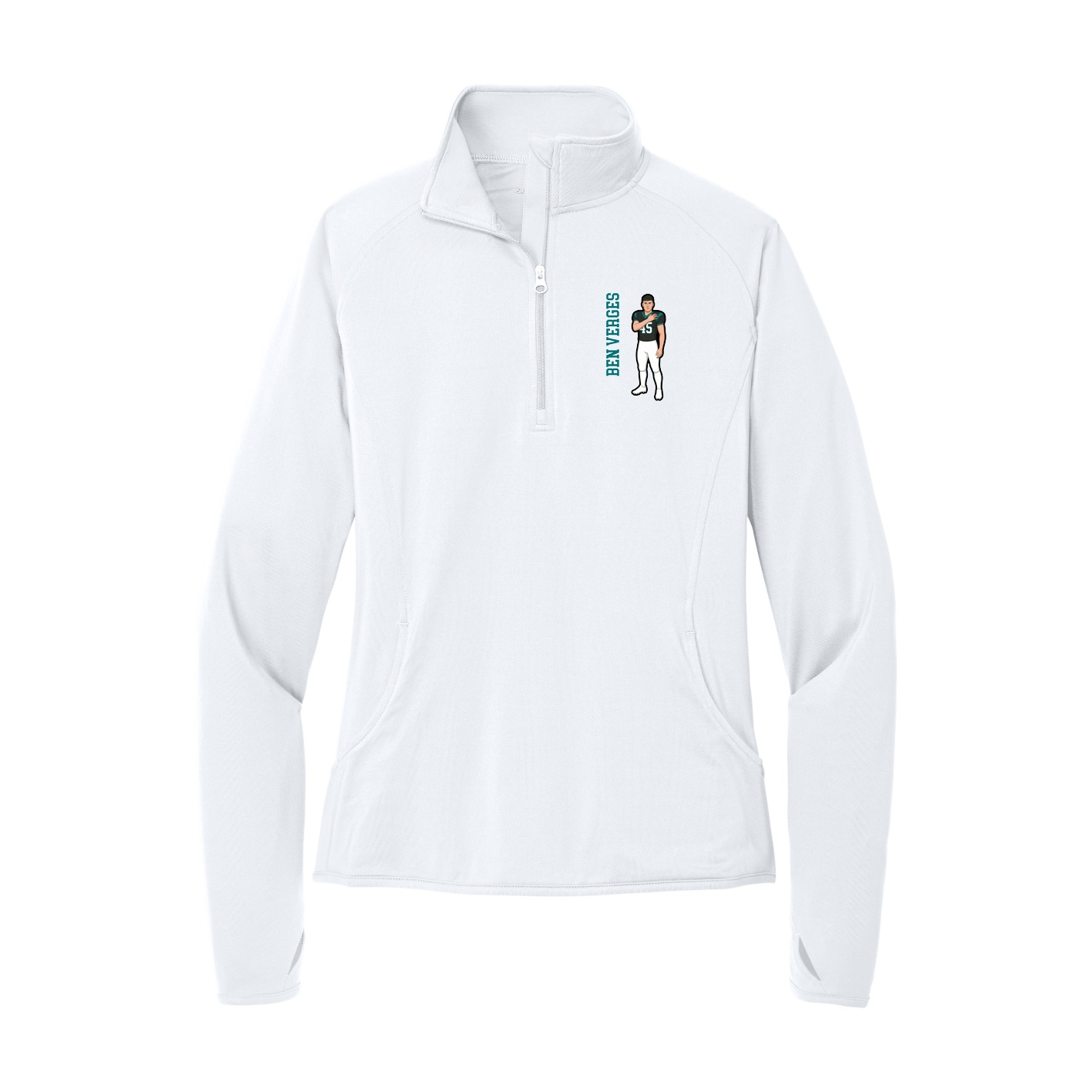 Women's Q-Zip Pullover — Name Vertical in White