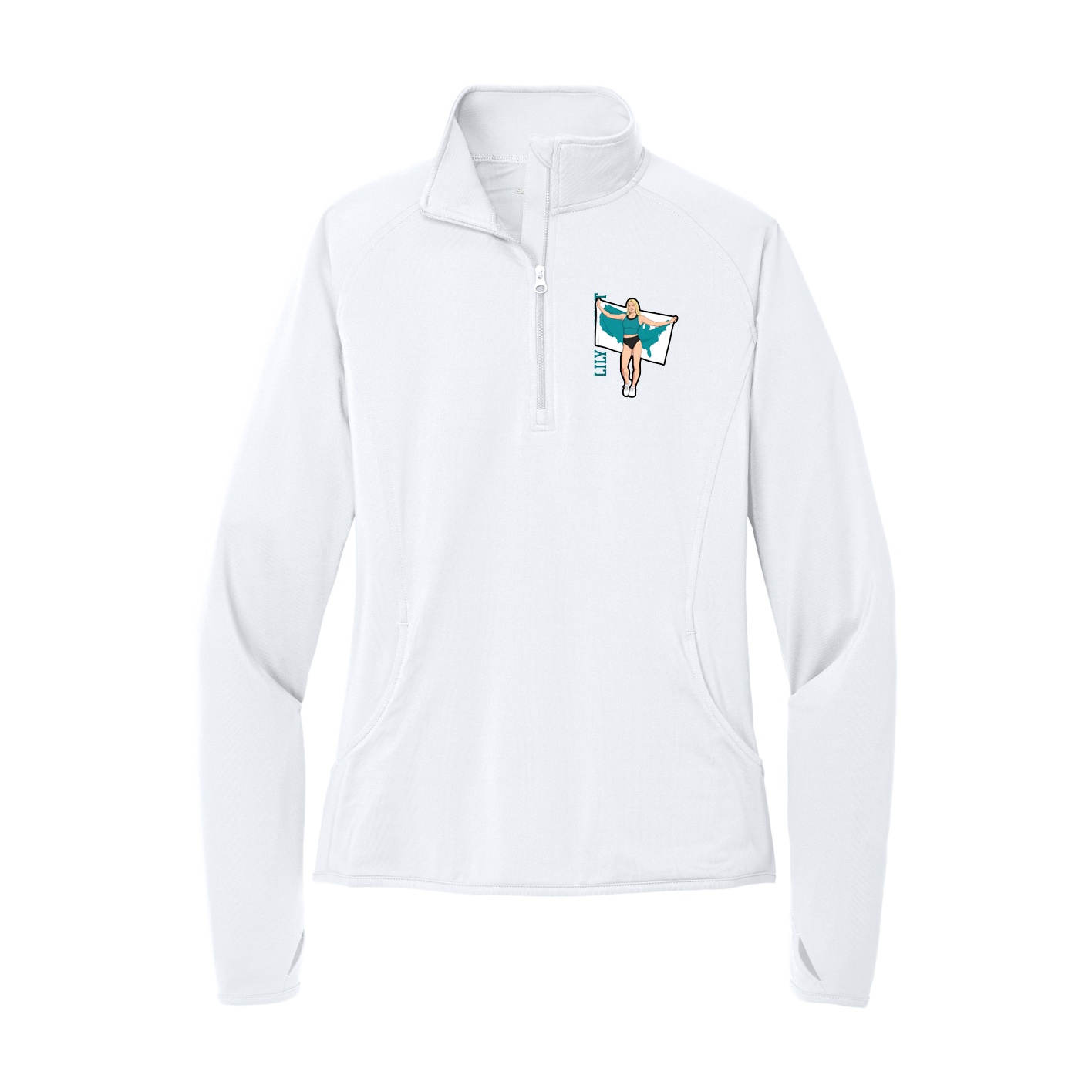 Women's Q-Zip Pullover — Name Vertical in White