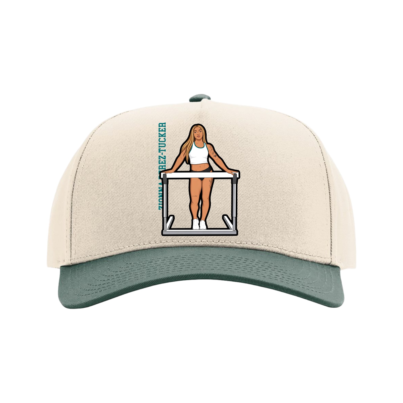 Full Fabric Five-Panel Champ Cap — Name Vertical in Cream/Green