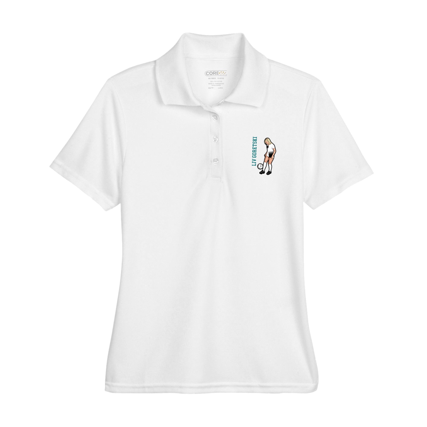 Womens Performance Polo — Name Vertical in White