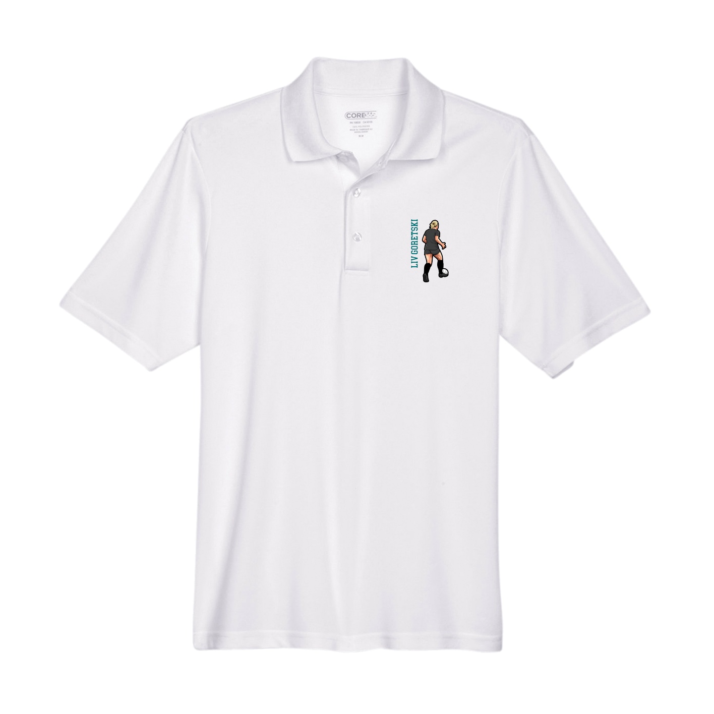 Performance Polo — Name Vertical in White