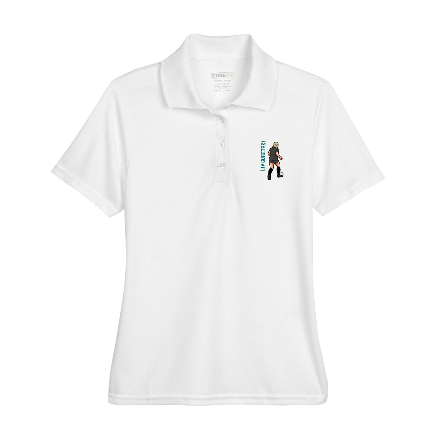 Womens Performance Polo — Name Vertical in White