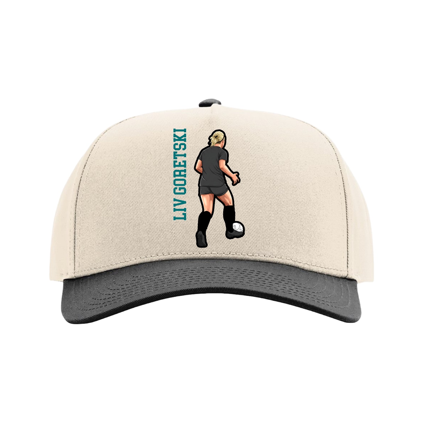 Full Fabric Five-Panel Champ Cap — Name Vertical in Cream/Black