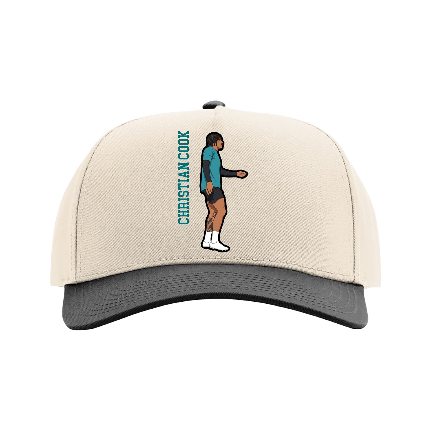 Full Fabric Five-Panel Champ Cap — Name Vertical in Cream/Black