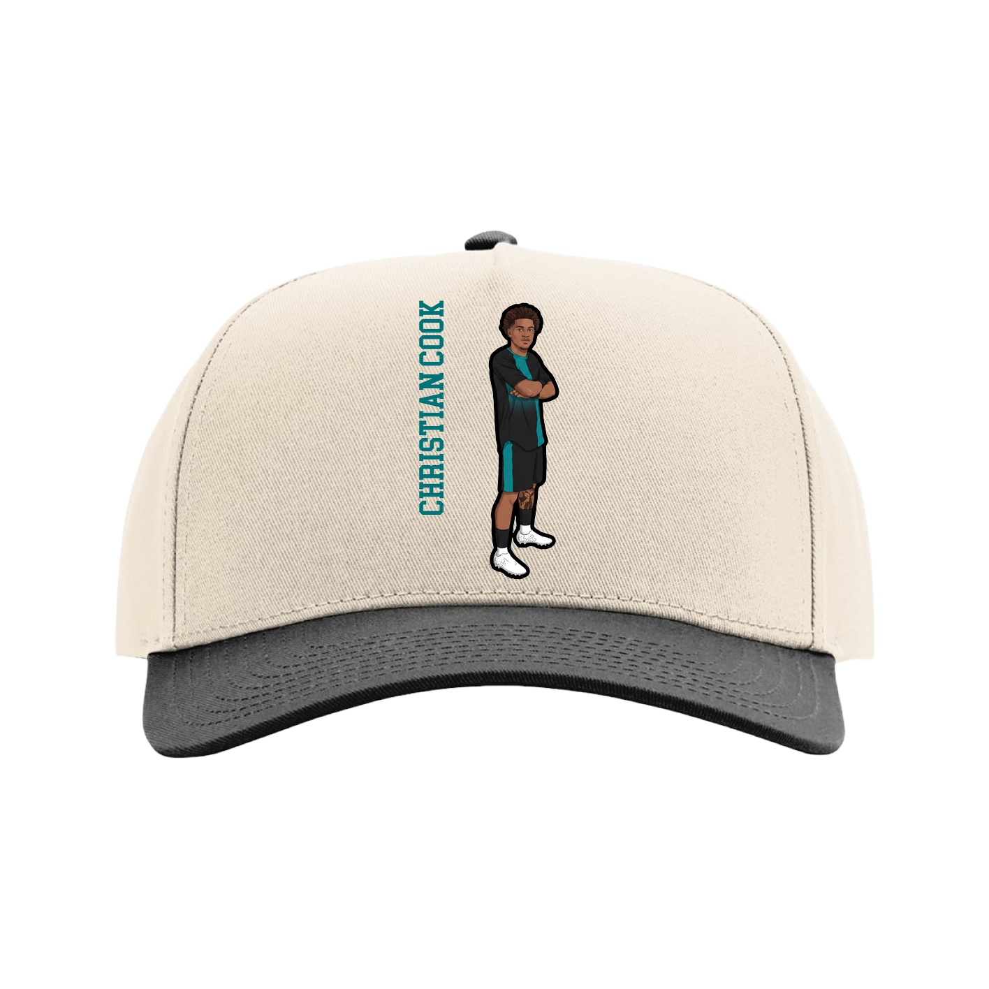 Full Fabric Five-Panel Champ Cap — Name Vertical in Cream/Black