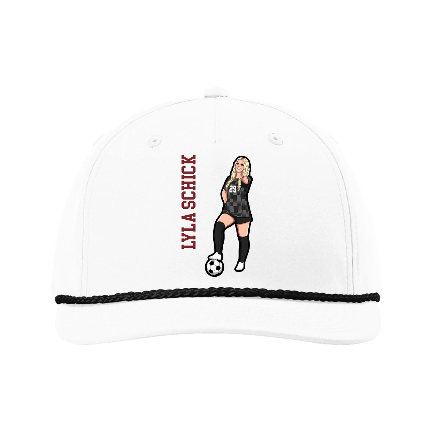 Five-Panel Classic Rope Cap — Name Vertical in White
