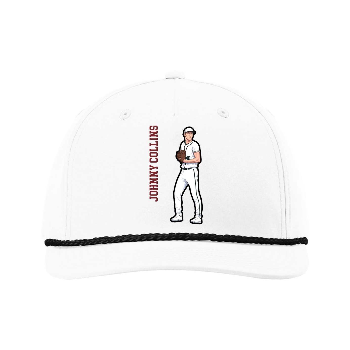 Five-Panel Classic Rope Cap — Name Vertical in White