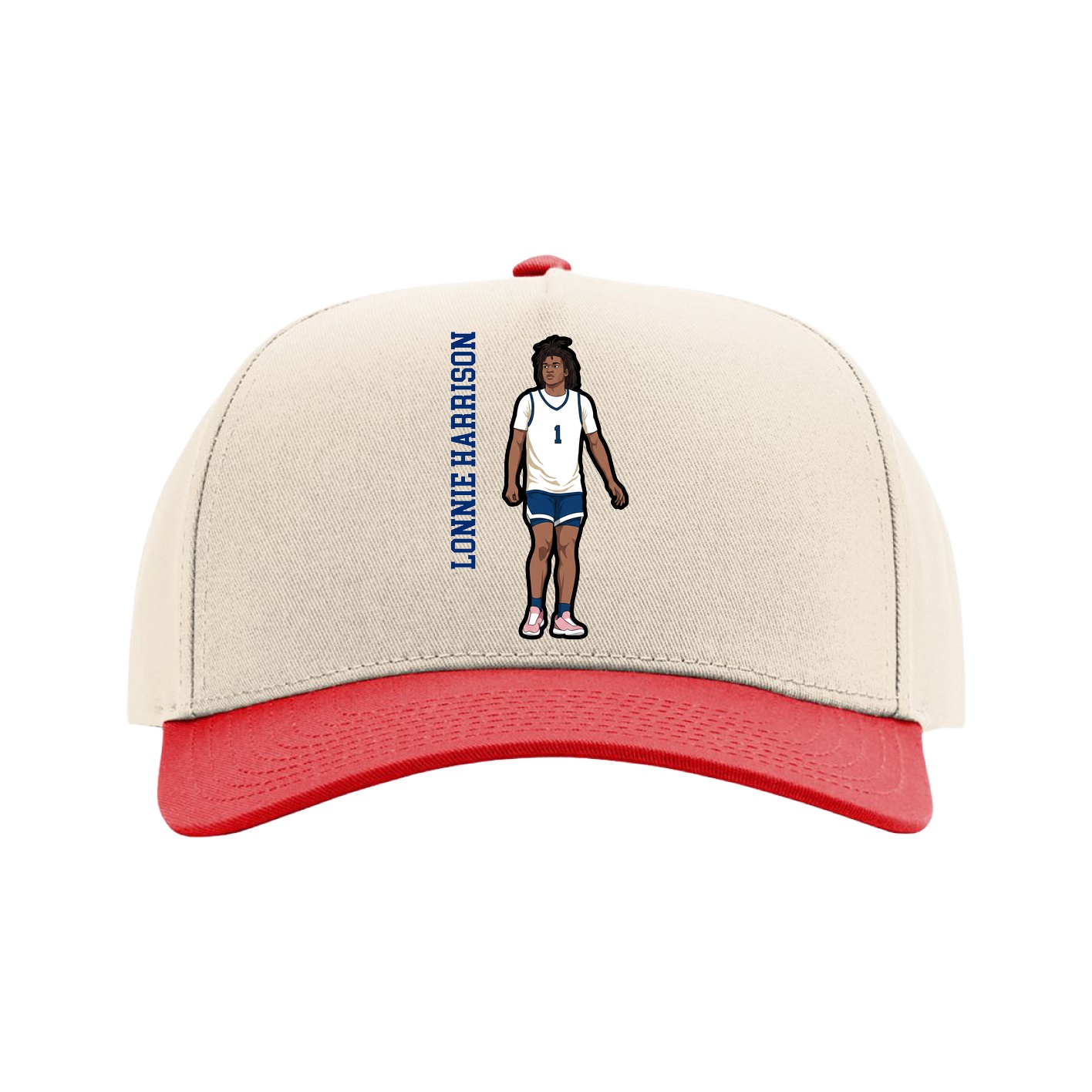 Full Fabric Five-Panel Champ Cap — Name Vertical in Cream/Red