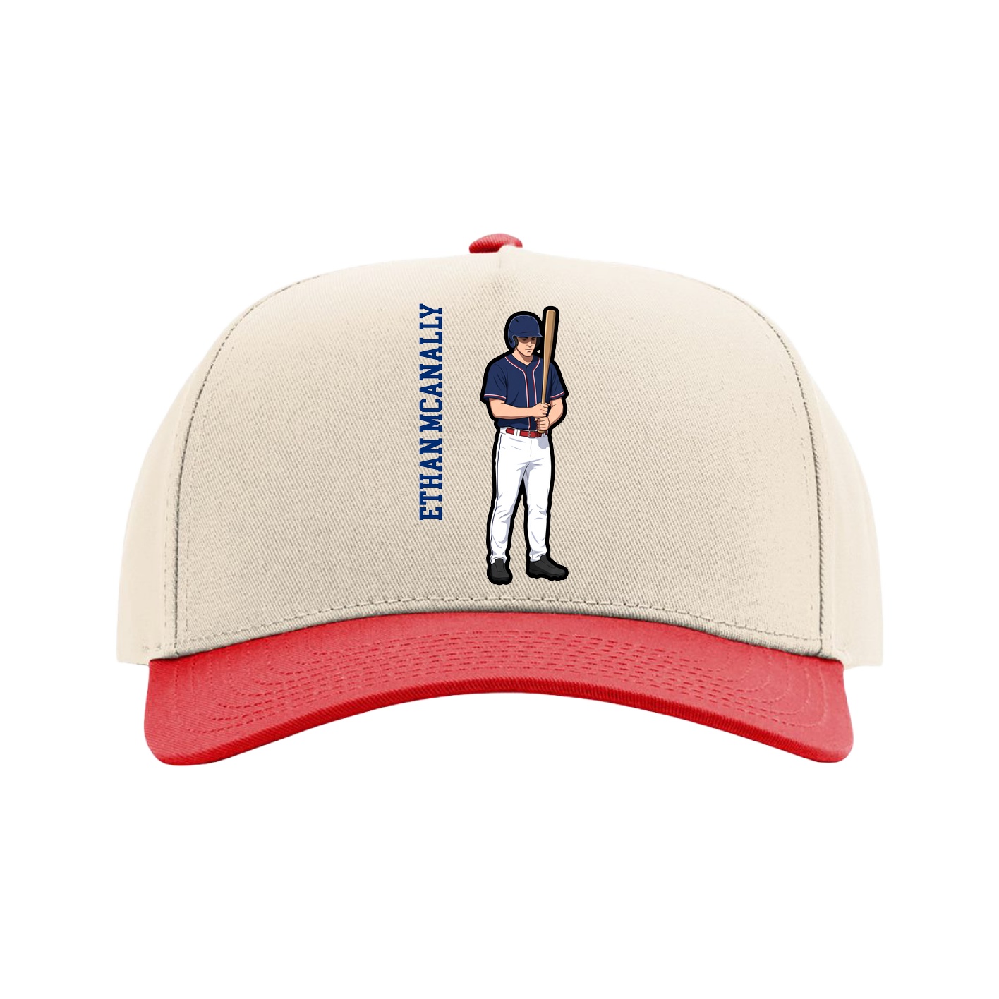 Full Fabric Five-Panel Champ Cap — Name Vertical in Cream/Red