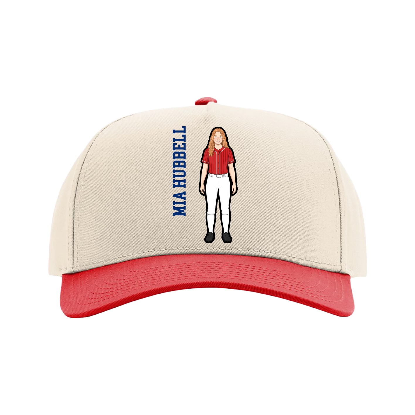 Full Fabric Five-Panel Champ Cap — Name Vertical in Cream/Red